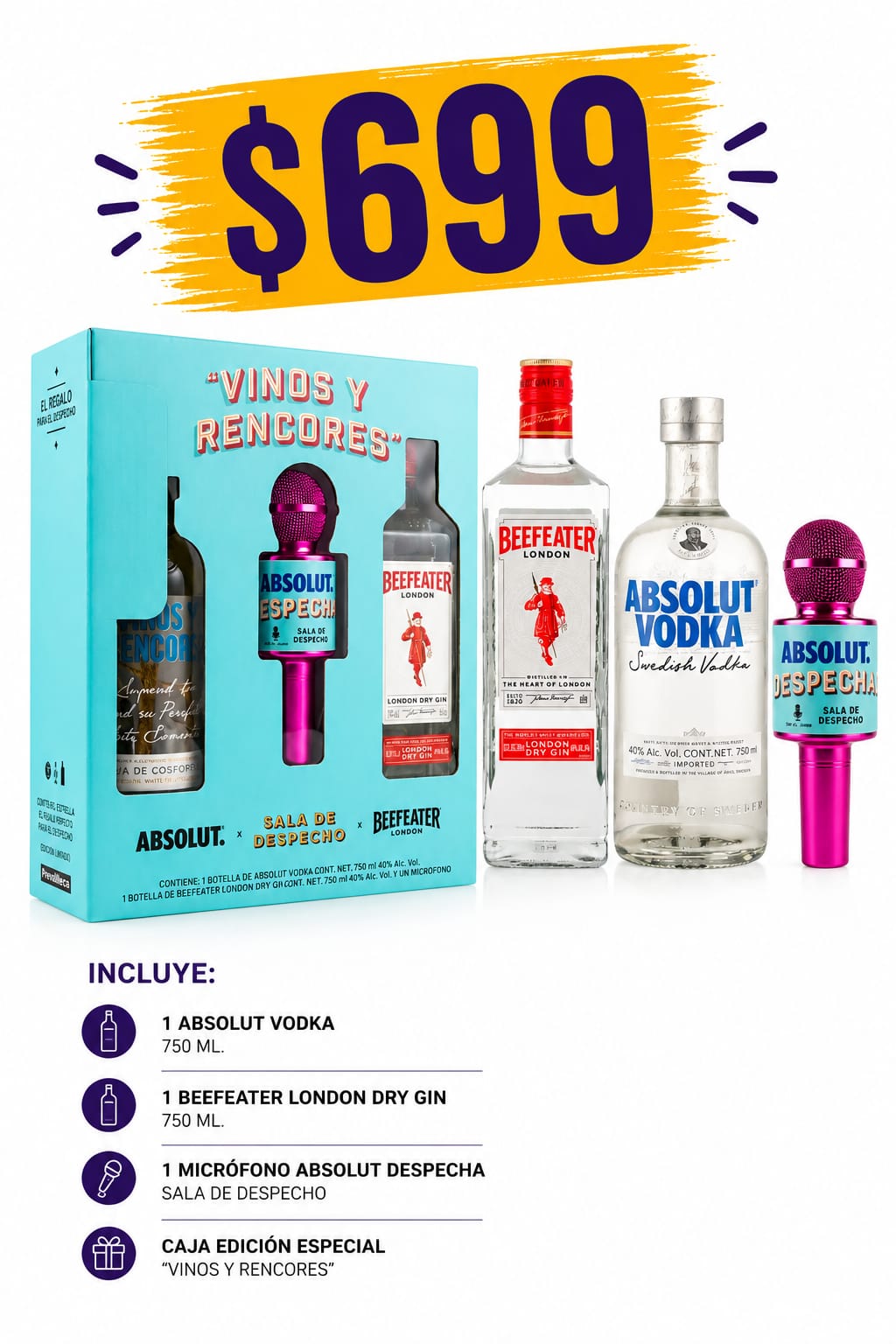 Comobo Despechados Beefeater 750 ml. + Absolut 750 ml.