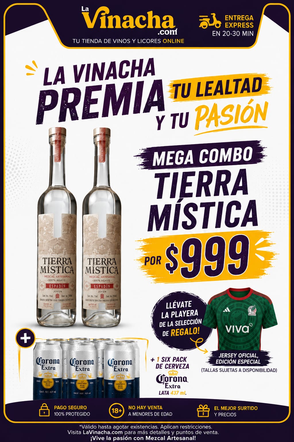 Promo Mezcal  Tierra Mistica 750 ml. + Six de Cervza Corona+ Playera de Mexico